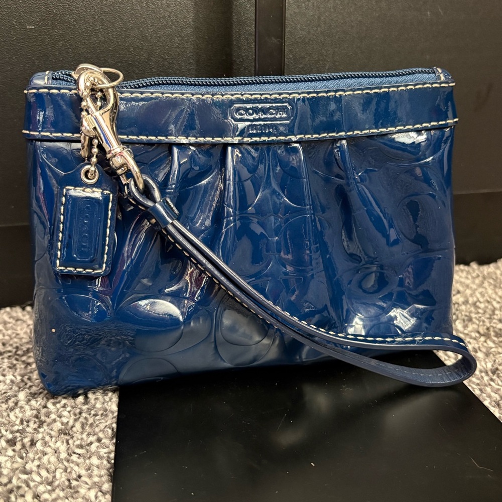 Coach Blue Liquid Glass Embossed Wristlet